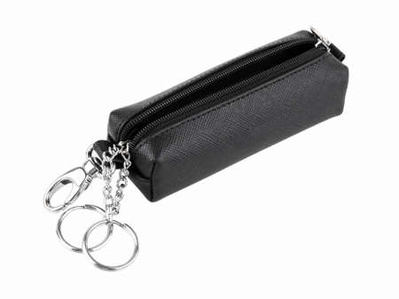 Black housekeeper leather expensive briefcase isolated on white backgroundの写真素材