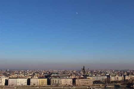 panorama of budapest with the blue sky and the moonの写真素材