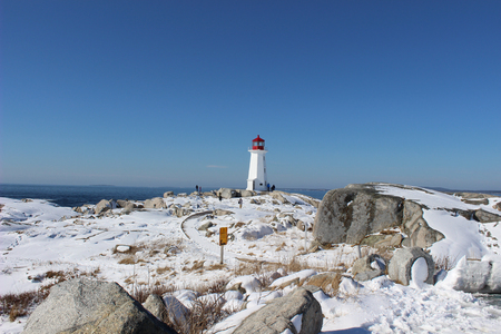 snowy landscape at peggy's cove in winterの写真素材