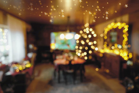 Bokeh Background - Atmospheric Christmas Time Illumination in Family Roomの写真素材