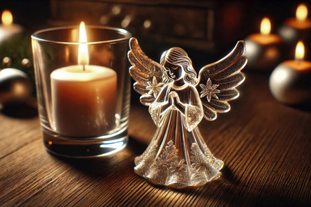 Christmas decoration with burning candles and angel figure on wooden background. Shallow depth of fieldの素材