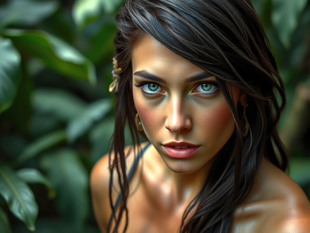 3d rendering of a beautiful woman with dark hair and blue eyesの素材