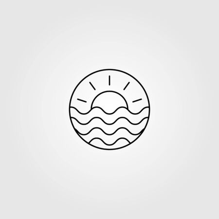 line art wave ocean and sun logo minimalist landscape vector label emblem designのイラスト素材