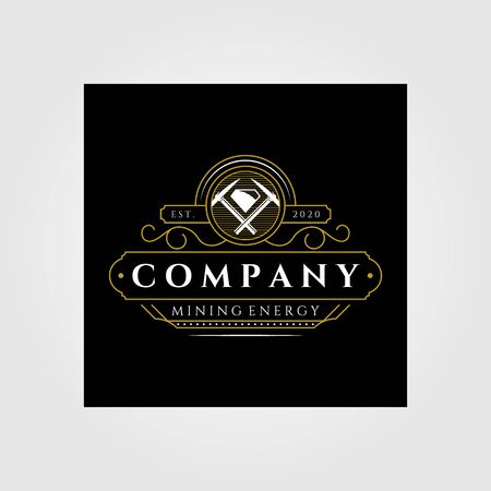 vintage mining line art logo emblem vector badge retro illustration designのイラスト素材