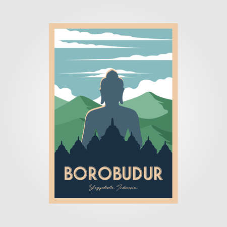 the magnificent borobudur temple vintage poster vector wonderful indonesia illustrationのイラスト素材