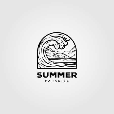 summer surf vintage line art vector illustration, ocean wave designのイラスト素材