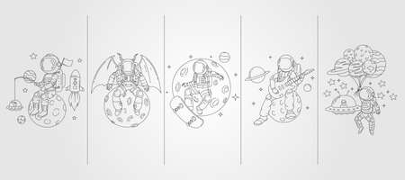 set of vector astronaut line art background illustration template design, space illustration template designのイラスト素材