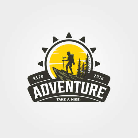 adventure travel hike logo vector symbol with sunset illustration design, vintage styleのイラスト素材