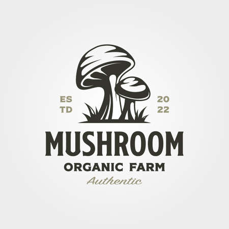 mushroom farm   vintage vector illustration design, champignon mushroom  designのイラスト素材