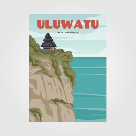 uluwatu bali beach vintage poster illustration design, bali tropical beach backgroundのイラスト素材