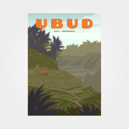 tegallalang ubud bali travel vintage poster design, rice terrace view illustration designのイラスト素材