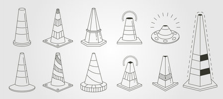 set of road traffic cone vector logo line art symbol illustration design, , minimal striped plastic cone vector designのイラスト素材