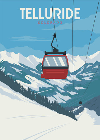 telluride travel poster vintage illustration design with cable car or gondola design, skiing and snowboarding posterのイラスト素材