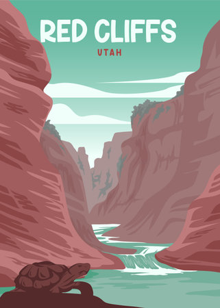 red cliffs and creek summer poster vintage illustration design, red cliffs utahのイラスト素材
