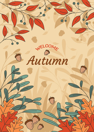 autumn poster portrait vector illustration design, botanical leaves background designのイラスト素材