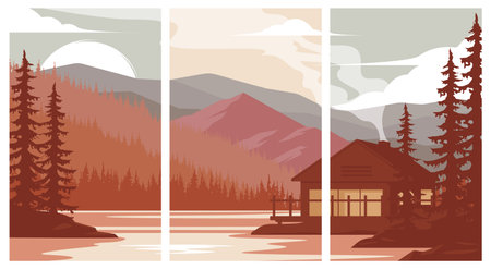 collection of cabin homes with beautiful natural views and serene lake views vintage poster illustration designのイラスト素材