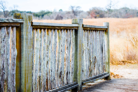 weathered wooden fence in a field of prairie grassの写真素材