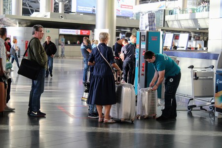 Packing of luggage at the international airport Vnukovo (Moscow) - July 2017.のeditorial素材