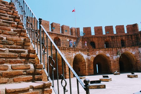 The upper level of the Red Tower is the main fortification of the city (Alanya, Turkey).の写真素材
