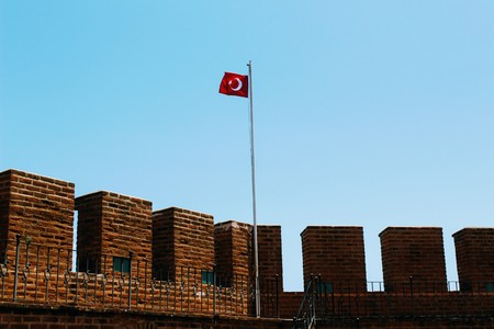 The upper level of the Red Tower is the main fortification of the city (Alanya, Turkey).のeditorial素材