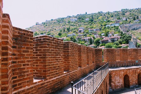 The upper level of the Red Tower is the main fortification of the city (Alanya, Turkey).の写真素材