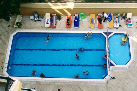 View of the pool from the height of the last floor in the Kleopatra Beach Hotel (Alanya, Turkey).のeditorial素材