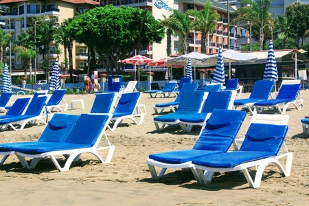 July, 2017 - Empty chaise lounges on Cleopatra Beach (Alanya, Turkey).のeditorial素材