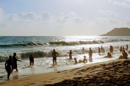 July, 2017 - Vacationers bathe in the sea and sunbathe in the sun on Cleopatra Beach (Alanya, Turkey).のeditorial素材