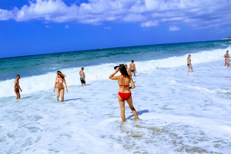 July, 2017 - Vacationers bathe in the sea and sunbathe in the sun on Cleopatra Beach (Alanya, Turkey).のeditorial素材