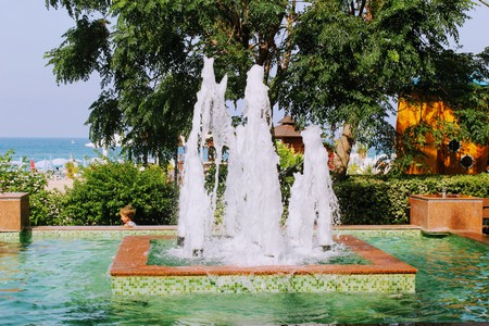 Fountains in the park of the 100th anniversary of Ataturk (Alanya, Turkey).の写真素材