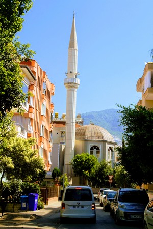 Alanya, Turkey, July 2017: high minarets of the Moslem mosque.のeditorial素材