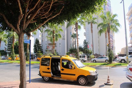Alanya, Turkey, July 2017: city taxi - cars of yellow color.のeditorial素材