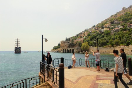 Alanya, Turkey, July 2017: tourists are photographed on the observation deck on the waterfront.のeditorial素材