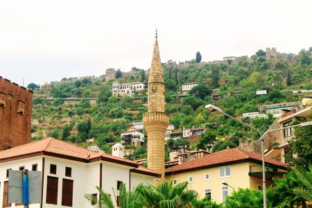 Alanya, Turkey, July 2017: high minarets of the Moslem mosque.のeditorial素材