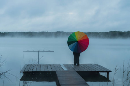 The girl in the fog on the pier with a rainbow umbrella looking into the distance view from the backの写真素材