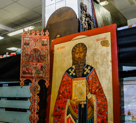 Moscow, Russia - March 19, 2017: Large antique icon of the orthodox saint Hypatius of Gangra for sale on the flea marketのeditorial素材