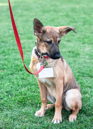 Young dog with blank name badge or id card sits on clipped green grass, dog training and education conceptの写真素材