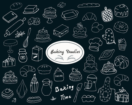 Set of backing doodles. Vector illustration. Cakes, biscuits, baking, cookie, pastries, donut. Perfect for the dessert menu, background, or food package design.のイラスト素材