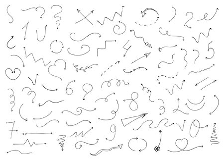 Set of vector hand drawn curved arrows. Sketch doodle style. Collection of pointers.のイラスト素材