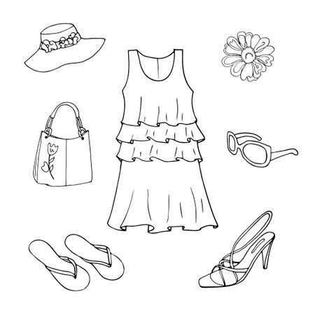 Summer travel dress and accessorise for vacation.のイラスト素材