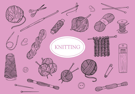 hand drawn knitting items set, isolated vector illustrationのイラスト素材
