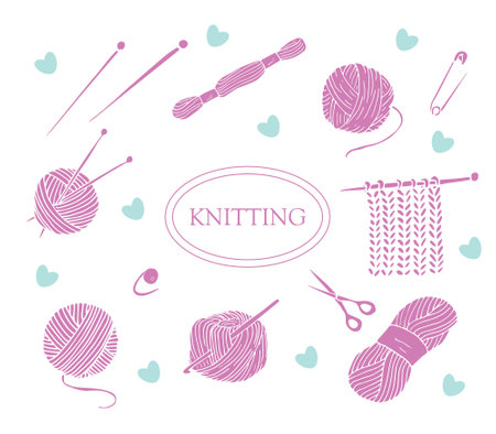 Hand drawn pink knitting doodles. Knitting and crochet set of icons. Hand drawn knitting collection. Isolated vector illustrationのイラスト素材
