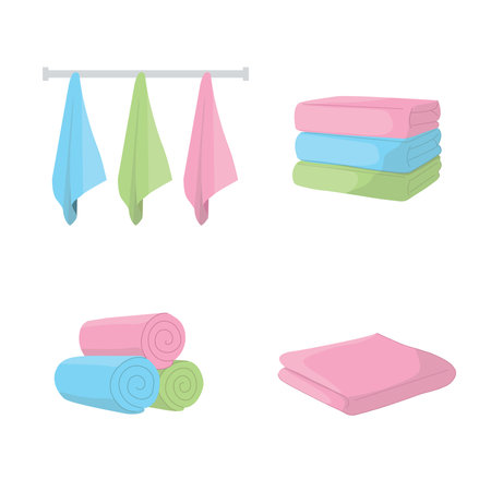Batch cartoon towels set. Cartoon fabric towel hanging, rolled, and folded. Vector illustration. Bathroom textileのイラスト素材