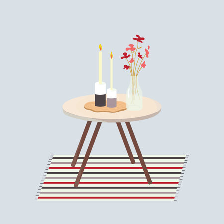 Coffee table with vase, candles, flowers, and carpet. Scandinavian minimalism style. Colored flat vector illustration isolated on white background. Cartoon styleのイラスト素材
