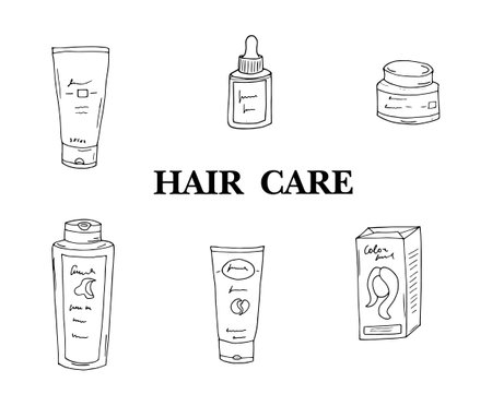Hand drawn hair care doodle set, isolated vector illustration on white backgroundのイラスト素材