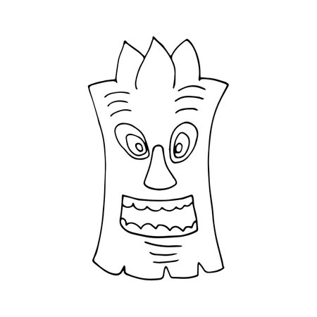 Tiki tribal wooden mask. Hawaiian traditional hand drawn mask. Black and white silhouette. Isolated on white background. Vector illustration.のイラスト素材