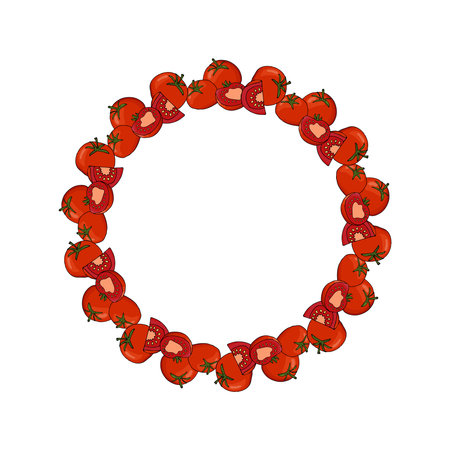 Circular frame of hand-drawn red tomatoes, for labels, stickers, and packaging.のイラスト素材