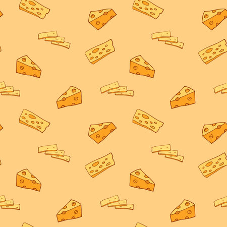 seamless pattern of cheese slice vector on a yellow background for wallpaper, wrapping, packing, textile, and backdrop.のイラスト素材
