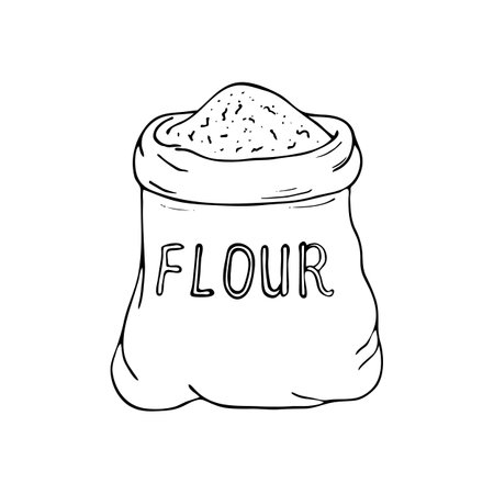 Hand-drawn sack of flour. Vector illustration of a bag of flour on white background, isolated illustration. sack of flour sketchのイラスト素材