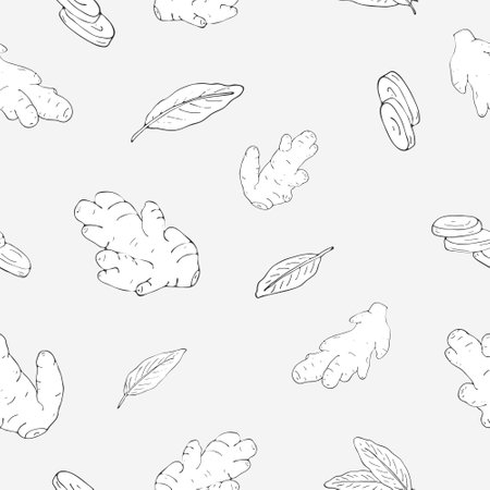 Ginger seamless pattern on gray background, for fabrics, wrapping paper, background, wallpaper, and textiles. Vector hand-drawn Ginger seamless pattern. Ginger root and cut pieces.のイラスト素材